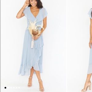 Show me your MuMu Jess ruffle midi dress in color steel blue chiffon